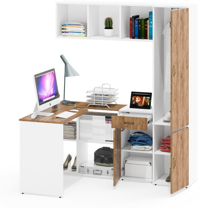 Лидер-8 Стол + Полка + Тумба МД 3.15 + Пенал МД 21Б, цвет белый шагрень/крафт золото, ШхГхВ 245х50/37,5х75/190 или 115х160/50х75/190 см., НЕ ун. сб.