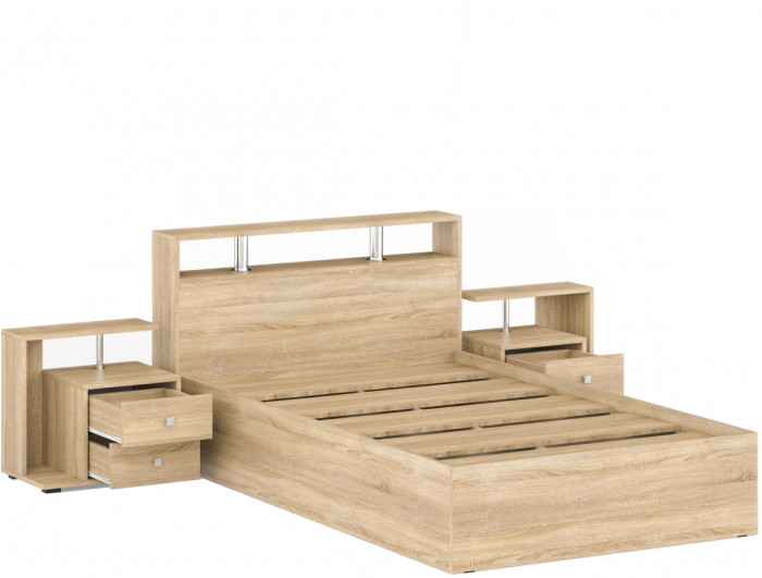 Камелия Кровать 1400 + две тумбы, цвет дуб сонома, ШхГхВ 256х217х78,2 см., сп.м. 1400х2000 мм., без матраса, основание есть