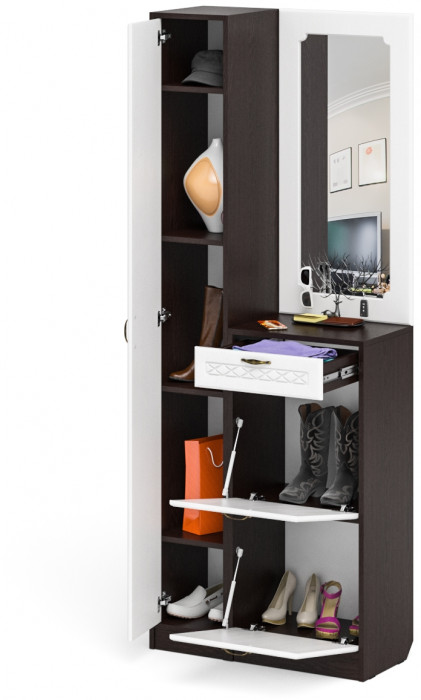 Прихожая П-6 Компоновка № 23, цвет венге/фасады МДФ белое дерево фрезеровка ромб, ШхГхВ 80х35х210 см., универсальная сборка