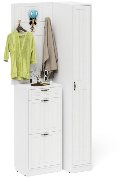 Прихожая П-6 Компоновка № 44, белая шагрень/фасады МДФ белое дерево фрезеровка прованс