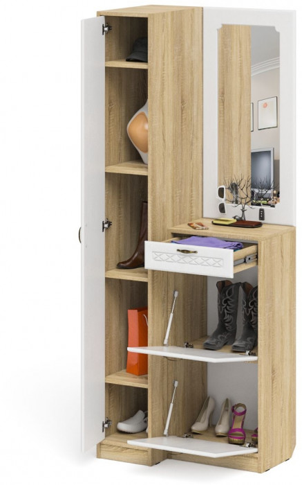 Прихожая П-6 Компоновка № 43, цвет дуб сонома/фасады МДФ белое дерево фрезеровка ромб, ШхГхВ 80х50х210 см., универсальная сборка