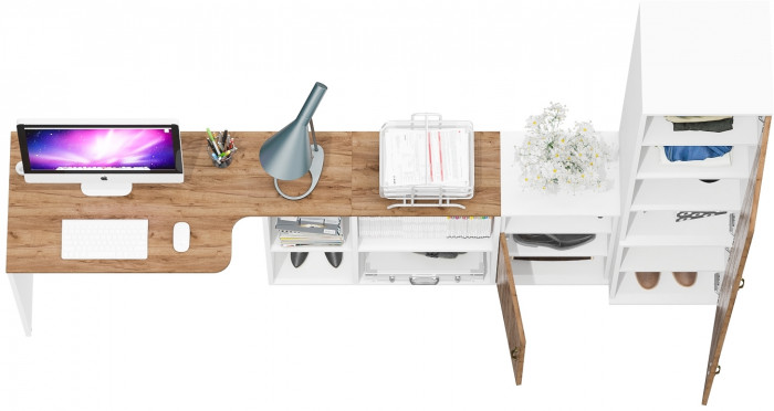 Лидер-8 Стол + Тумба МД 3.19 + Пенал МД 22Б, белый шагрень/крафт золото