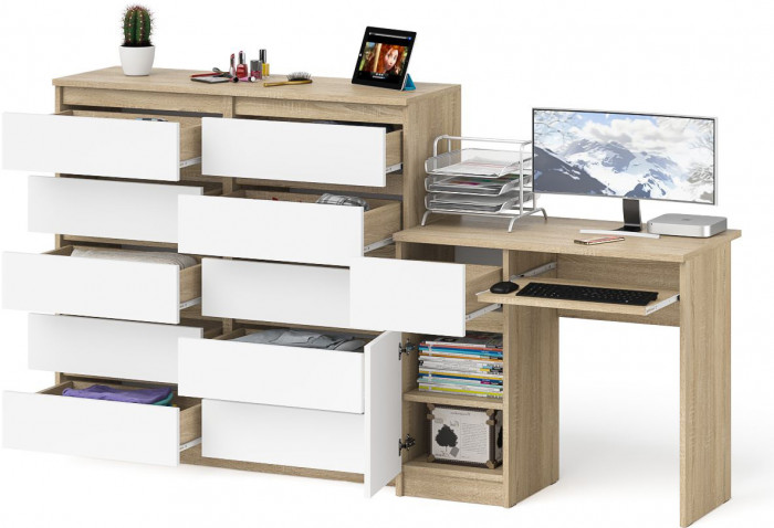 Мори компьютерный стол МС-1 левый + Комод МК1200.10, дуб сонома/белый