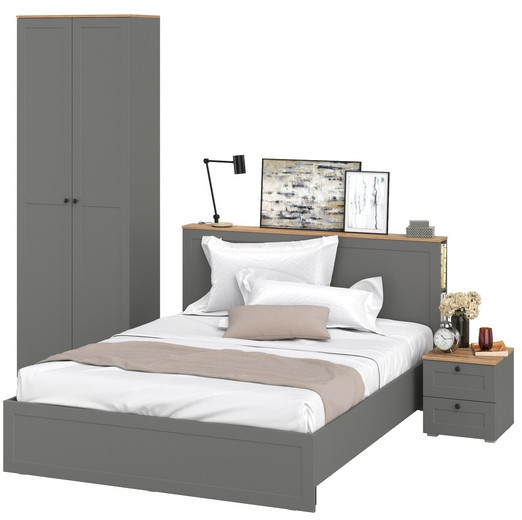 Остин 11.53 Кровать + ортопед + 16.307 Шкаф + 16.152 Тумба прикроватная, серый графит/дуб крафт золотой