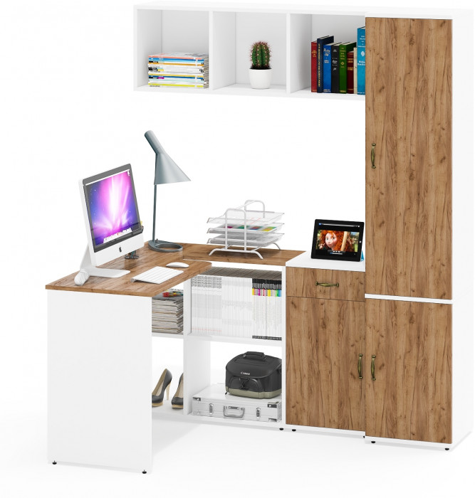 Лидер-8 Стол + Полка + Тумба МД 3.15 + Пенал МД 22Б, цвет белый шагрень/крафт золото, ШхГхВ 245х50/37,5х75/190 или 115х160/50х75/190 см., НЕ ун. сб.