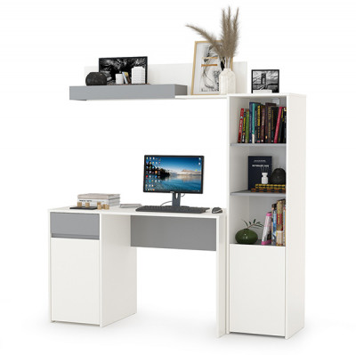 Торонто 12.149 Стол + 13.13 Шкаф комбинированный + 16.475 Полка, цвет белый шагрень/стальной серый, ШхГхВ 160х53,1х174 см., универсальная сборка