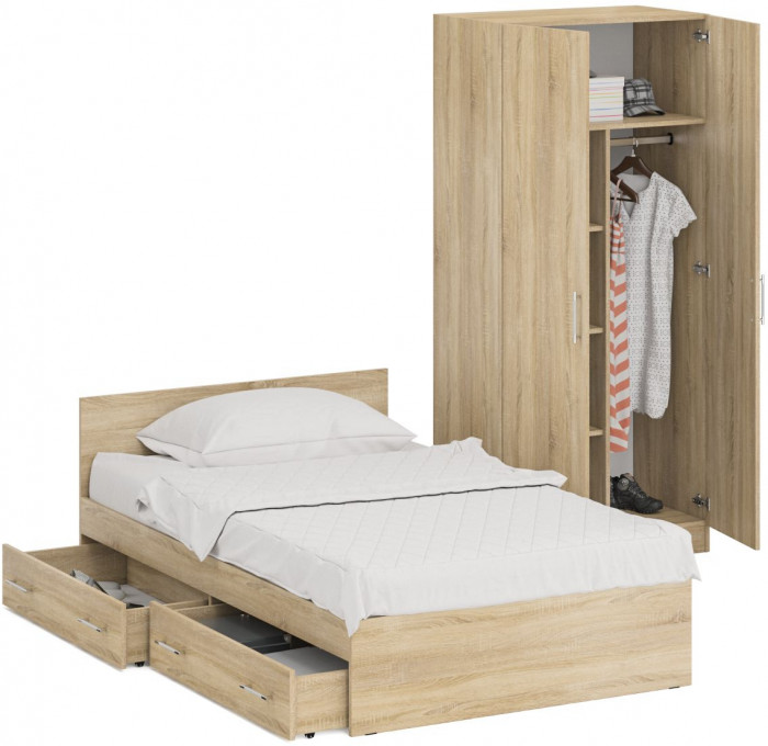 Кровать с ящиками 1200 + Шкаф 2-х створчатый Стандарт, цвет дуб сонома, ШхГхВ 123,5х203,5х70 + 90х52х200 см., сп.м. 1200х2000 мм., б/м, основание есть