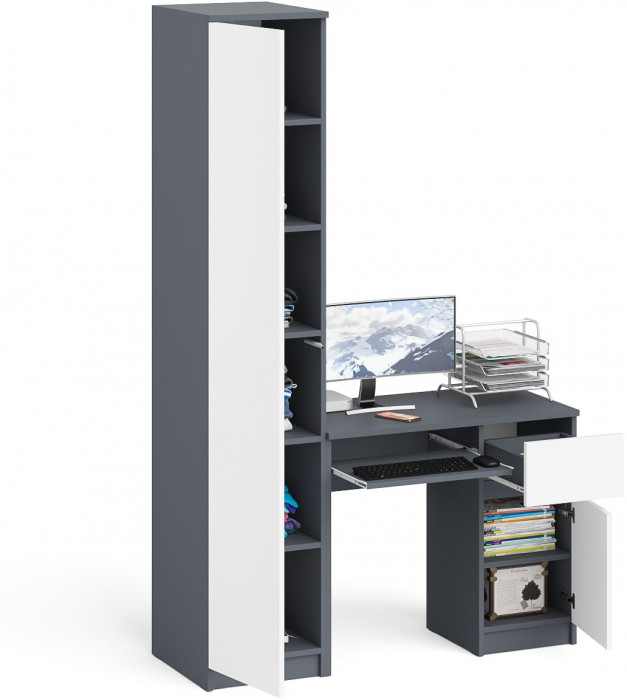 Мори компьютерный стол МС-1 правый + Пенал МШ400.1, графит/белый
