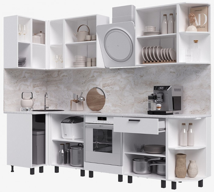 Кухня Техно 0,9*2,7м (490) Компоновка №2, Белый/Белый глянец