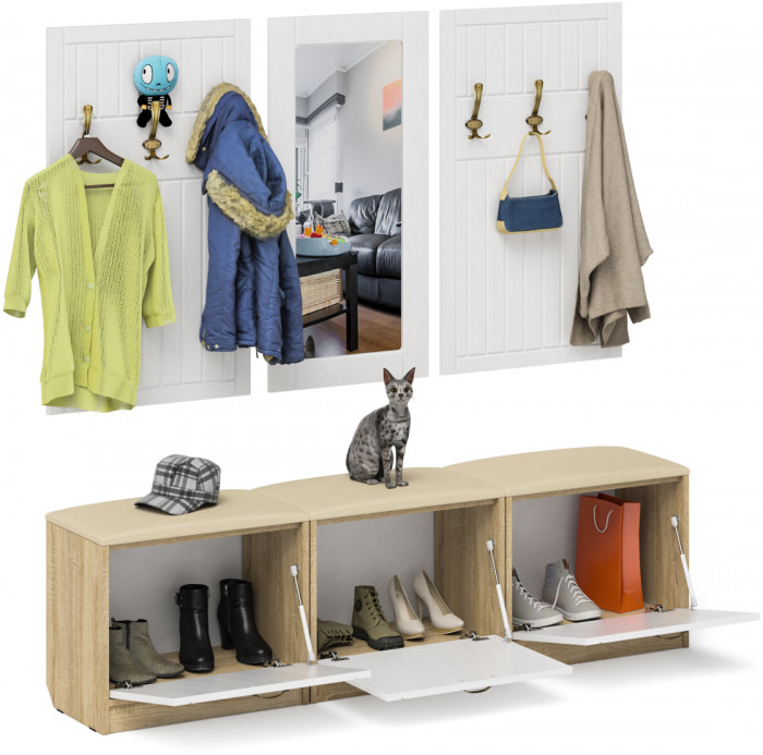 Прихожая П-6 Компоновка № 03, цвет дуб сонома/фасады МДФ белое дерево фрезеровка прованс, ШхГхВ 180х35х200 см., универсальная сборка