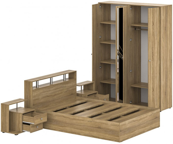 Камелия спальня № 1 Кровать 1400 + Две тумбы + Шкаф 4-х створчатый, дуб сонома