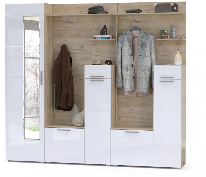 Лайн Прихожая № 03, дуб крафт серый/фасады МДФ белый глянец