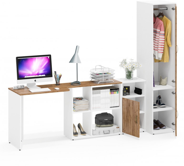 Лидер-8 Стол + Тумба МД 3.19 + Пенал МД 23Б, белый шагрень/крафт золото