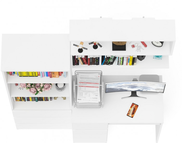 Мори компьютерный стол МС-1 левый + Стеллаж МСТ600.3 + Полка 900, белый