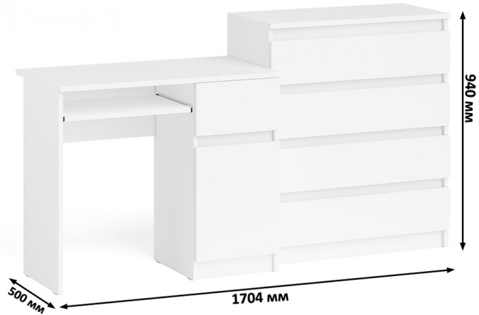Мори компьютерный стол МС-1 правый + Комод МК800.4, белый