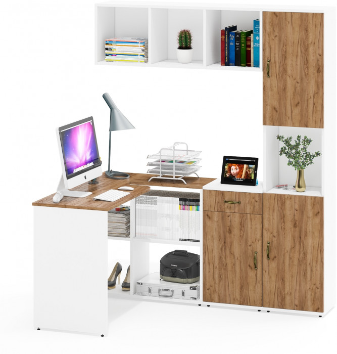 Лидер-8 Стол + Полка + Тумба МД 3.15 + Пенал, цвет белый шагрень/крафт золото, ШхГхВ 370х50/30х75/190 или 230х50/120х75/190 см., НЕ универс. сб.