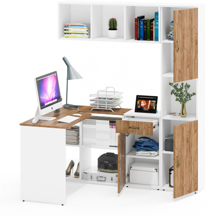 Лидер-8 Стол + Полка + Тумба МД 3.15 + Пенал, цвет белый шагрень/крафт золото, ШхГхВ 370х50/30х75/190 или 230х50/120х75/190 см., НЕ универс. сб.