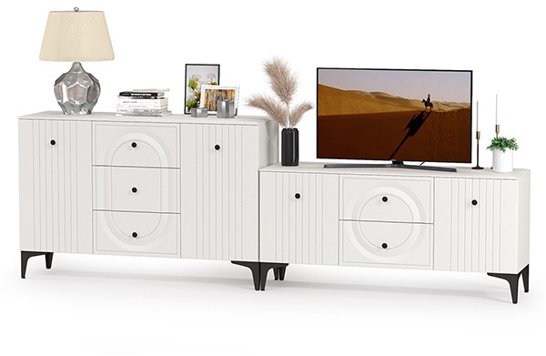 Валенсия Спальня 13.309 Комод + 16.45 Тумба под ТВ, ЛДСП белый шагрень/МДФ белый шагрень