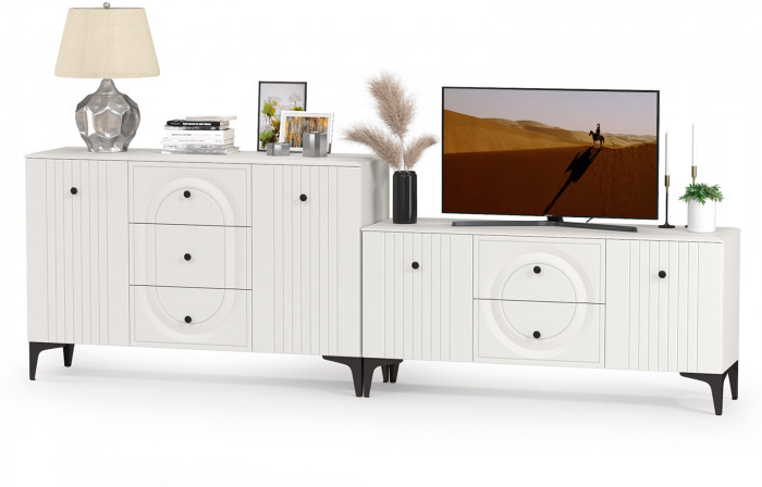 Валенсия Спальня 13.309 Комод + 16.45 Тумба под ТВ, ЛДСП белый шагрень/МДФ белый шагрень