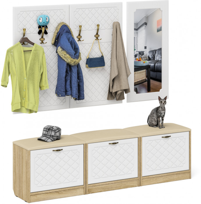 Прихожая П-6 Компоновка № 03, цвет дуб сонома/фасады МДФ белое дерево фрезеровка ромб, ШхГхВ 180х35х200 см., универсальная сборка