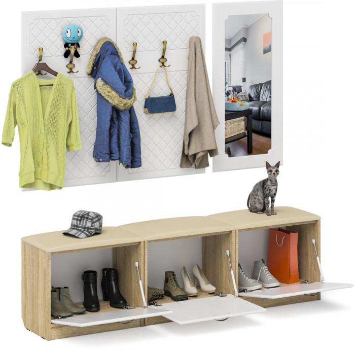 Прихожая П-6 Компоновка № 03, цвет дуб сонома/фасады МДФ белое дерево фрезеровка ромб, ШхГхВ 180х35х200 см., универсальная сборка