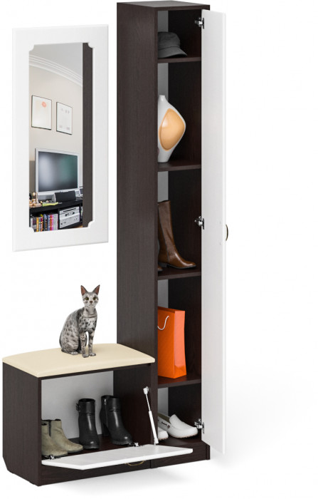 Прихожая П-6 Компоновка № 20, цвет венге/фасады МДФ белое дерево фрезеровка ромб, ШхГхВ 90х35х210 см., универсальная сборка