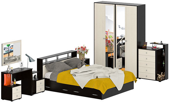 Камелия спальня № 10 Кровать с ящиками 1600 + Две тумбы + Стол косм. + Зеркало + Комод + Шкаф, венге/дуб лоредо