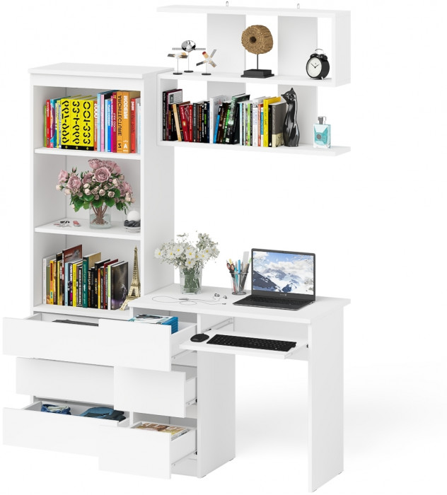 Мори Стол компьютерный МС-6 левый + Стеллаж МСТ600.3 + Полка 900, цвет белый, ШхГхВ 150,4х50х209,6 см., НЕ универсальная сборка