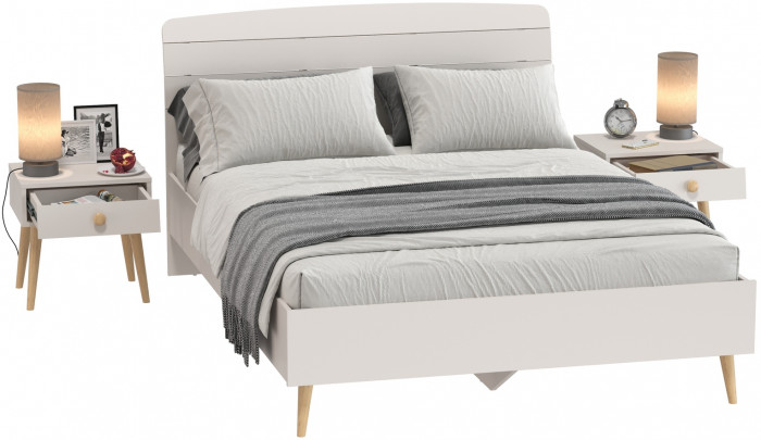 Афина Спальня Кровать 1400 + Две тумбы, цвет кашемир серый, ШхГхВ 144,6х210,2х95,7 + 2х45х37х45 см., сп.м. 1400х2000 мм., б/м, основание есть