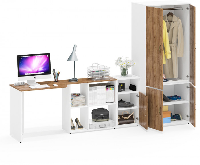 Лидер-8 Стол + Тумба МД 3.19 + Шкаф МД 19Б, белый шагрень/крафт золото