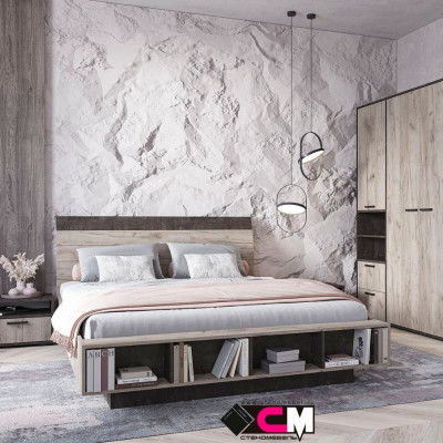 Эдинбург Кровать КР-01 1,6х2,0 (1,640х0,935х2,315) дуб крафт серый/железный камень