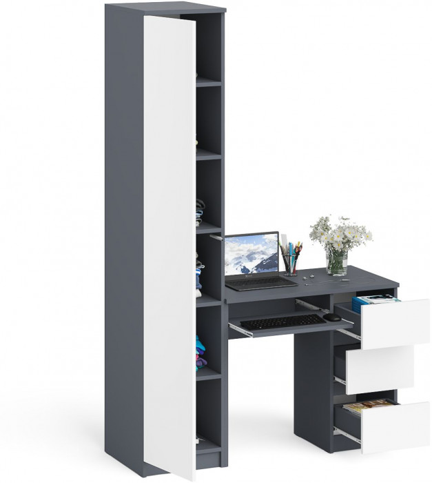 Мори компьютерный стол МС-6 правый + Пенал МШ400.1, графит/белый
