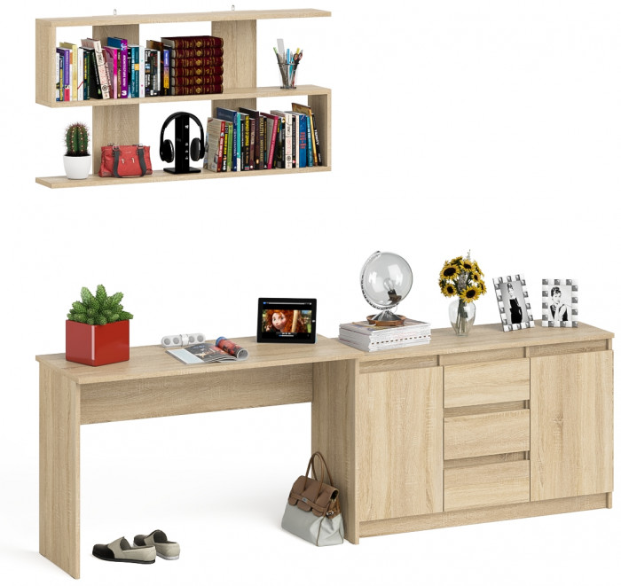 Мори письменный стол МСП1200.1 + Комод МК1200.3 + Полка 1200, дуб сонома