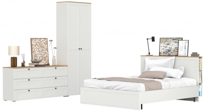 Остин 11.53 Кровать + ортопед + 16.307 Шкаф + 16.240 Комод, белый шагрень/дуб крафт золотой