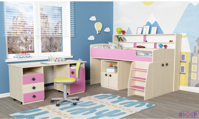 Кровать-чердак Малыш 5 (Дуб молочный/Ирис)