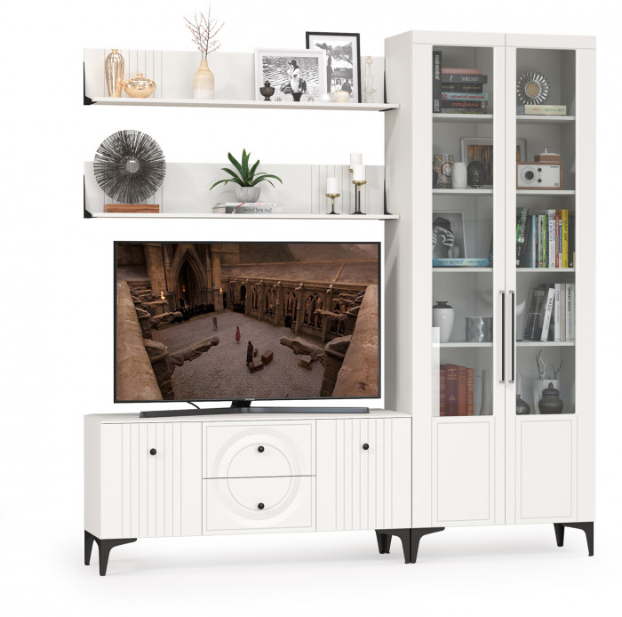 Валенсия Гостиная № 059, цвет ЛДСП белый шагрень/МДФ белый шагрень, ШхГхВ 217,2х38,3х225,2 см., универсальная сборка