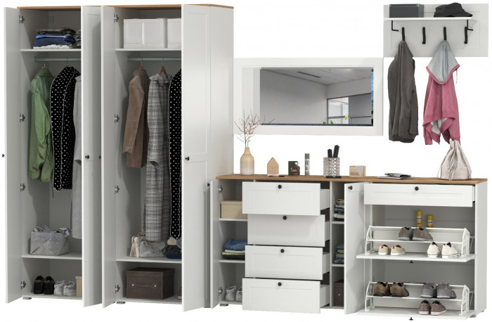 Остин Прихожая 60, цвет белый шагрень/дуб крафт золотой, ШхГхВ 360х54,3х229,6 см., универсальная сборка