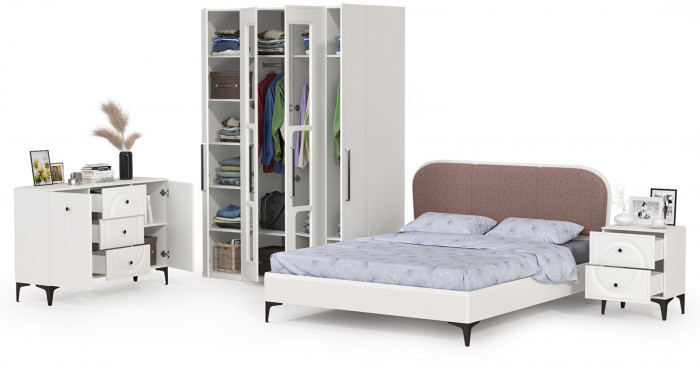 Валенсия Спальня № 32, цвет ЛДСП белый шагрень/МДФ белый шагрень/ткань велутто 19, ортопед есть, сп. м. 1600х2000 мм., б/м