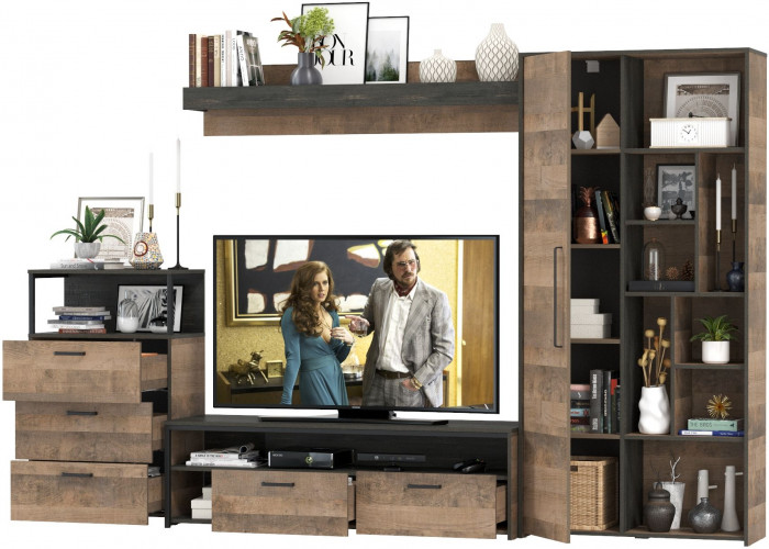 Трувор Гостиная 089, цвет дуб гранж песочный/интра, ШхГхВ 308,8х45,4х194,2 см., универсальная сборка