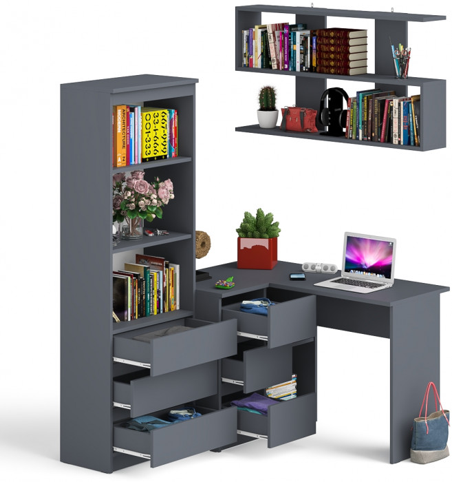 Мори компьютерный стол МС-16 левый + Стеллаж МСТ600.3 + Полка 1200, графит