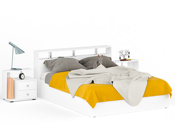 Камелия Кровать 1600 + две тумбы, цвет белый, ШхГхВ 276х217х78,2 см., сп.м. 1600х2000 мм., без матраса, основание есть