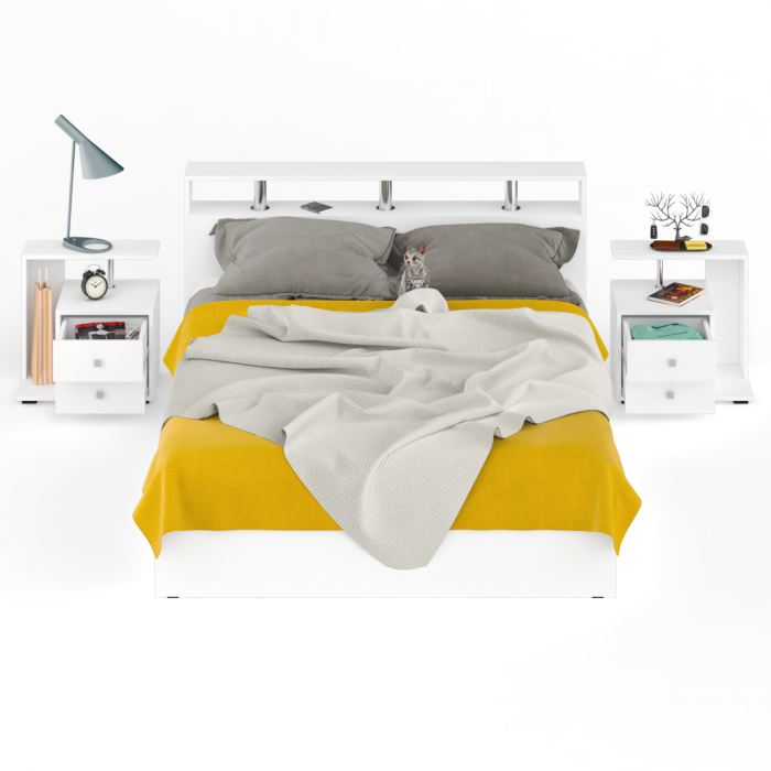 Камелия Кровать 1600 + две тумбы, цвет белый, ШхГхВ 276х217х78,2 см., сп.м. 1600х2000 мм., без матраса, основание есть