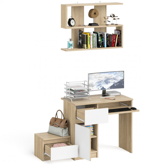 Мори Стол компьютерный МС-1 левый + Тумба ТМП400.1 + Полка 900, цвет дуб сонома/белый, ШхГхВ 130,4х50х209,6 см., НЕ универсальная сборка