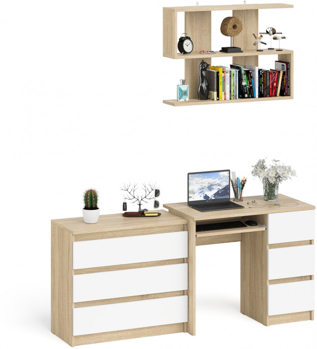 Мори Стол компьютерный МС-6 правый + Комод МК800.1 + Полка 900, цвет дуб сонома/белый, ШхГхВ 170,4х50х209,6 см., НЕ универсальная сборка
