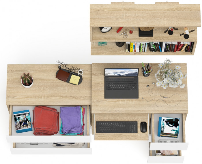 Мори Стол компьютерный МС-6 правый + Комод МК800.1 + Полка 900, цвет дуб сонома/белый, ШхГхВ 170,4х50х209,6 см., НЕ универсальная сборка