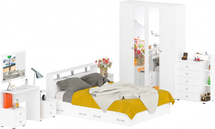 Камелия спальня № 10 Кровать с ящиками 1600 + Две тумбы + Стол косметич. + Зеркало + Комод + Шкаф, белый
