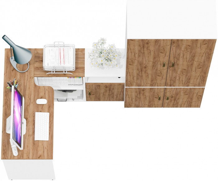 Лидер-8 Стол + Тумба МД 3.19 + Шкаф МД 20Б, белый шагрень/крафт золото