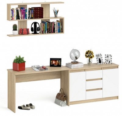 Мори письменный стол МСП1200.1 + Комод МК1200.3 + Полка 1200, дуб сонома/белый