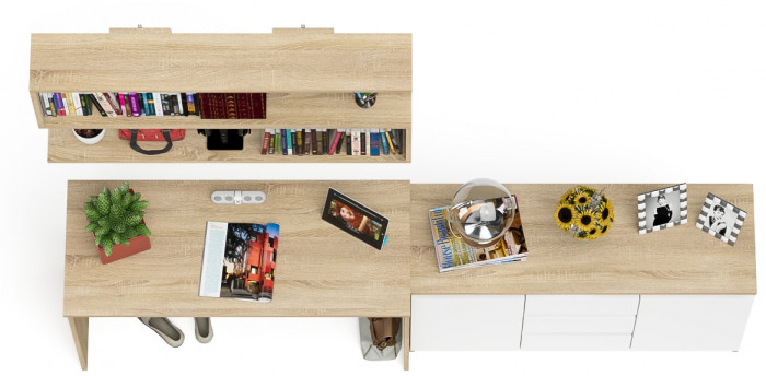 Мори письменный стол МСП1200.1 + Комод МК1200.3 + Полка 1200, дуб сонома/белый