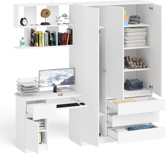 Мори Стол компьютерный МС-1 левый + Шкаф МШ1200.1 + Полка 900, цвет белый, ШхГхВ 210,4х50,4х209,6 см., НЕ универсальная сборка